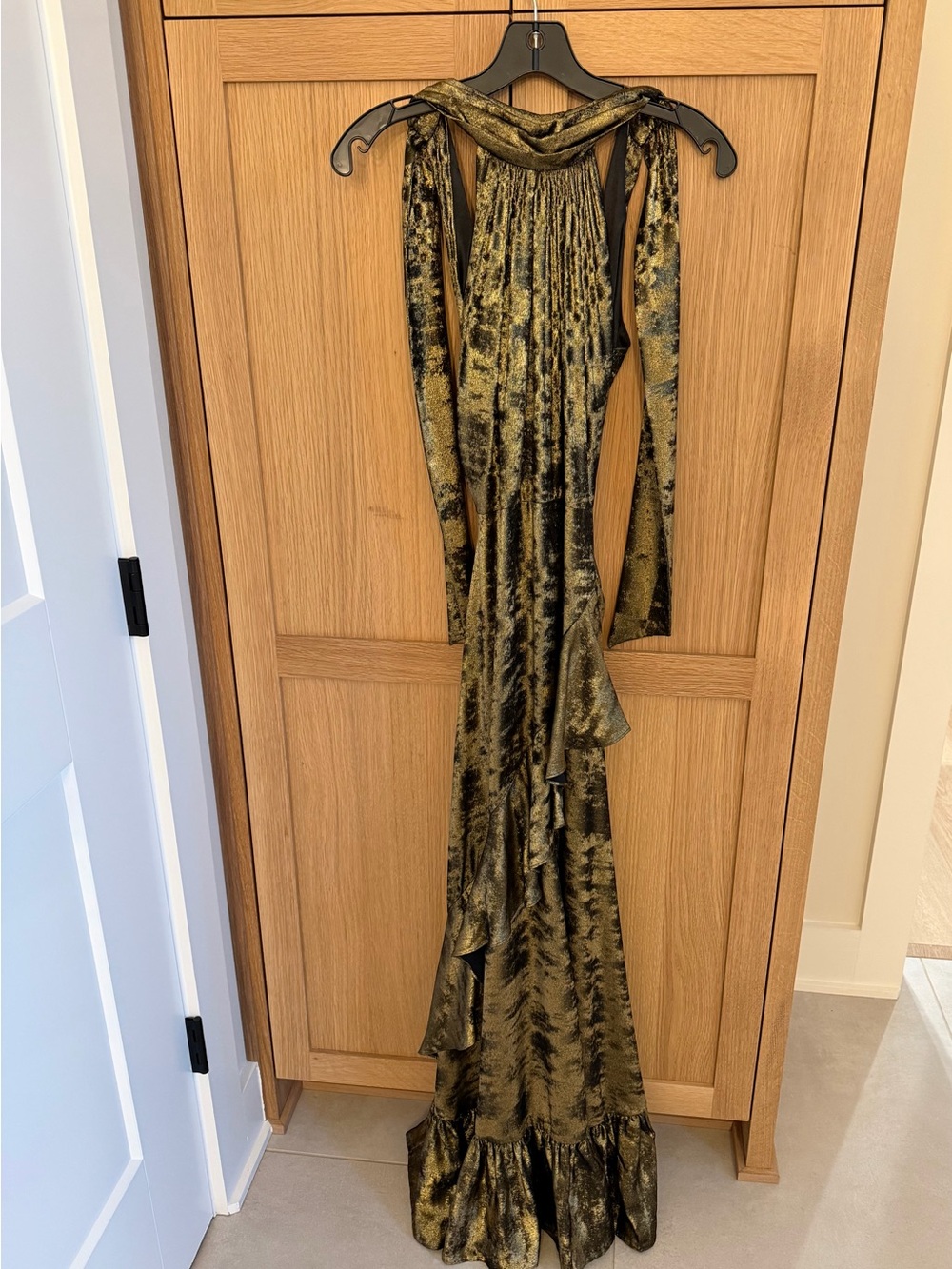 Alex Marie Metallic Gold Halter Formal Dress